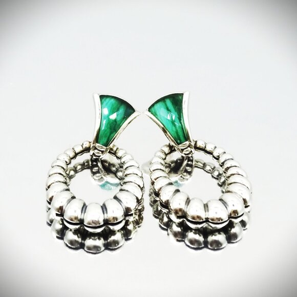 LAGOS Venus Link Oval Fluted Sterling Silver 18K Gold Post Malachite Earrings - Picture 1 of 10